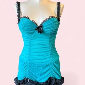 Teal ruched lace corset cami with black lace trim + satin bow detail